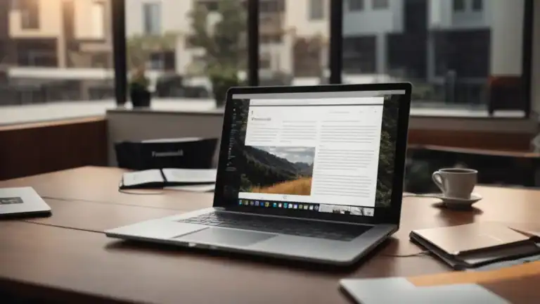 Laptop displaying a scenic article on a wooden desk with notebooks, coffee cup, and natural light.