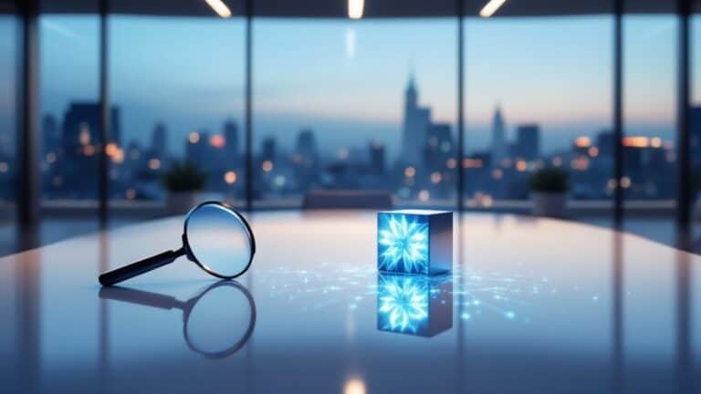 Magnifying glass focusing on a glowing cube with digital effects, city skyline in the background.