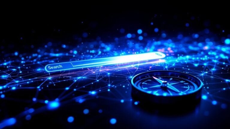 Futuristic digital search bar with glowing blue network connections and a compass, representing advanced online search technology.