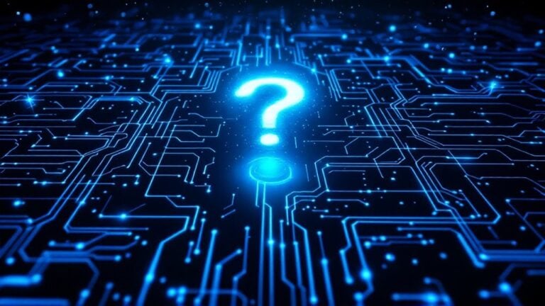 Circuit board with glowing question mark representing digital innovation and blockchain technology.