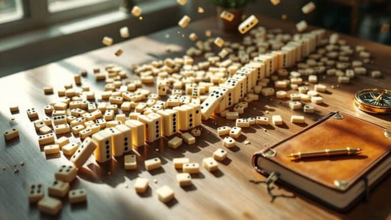 Disassembled dominoes scattered on wooden table with a notebook, pen, and compass, demonstrating strategy and planning concepts.