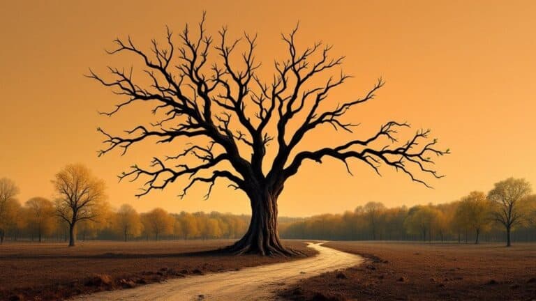 Barren tree silhouette at sunset in a vast open field.
