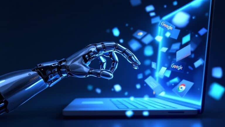 Futuristic robotic hand interacting with digital icons on a laptop screen.