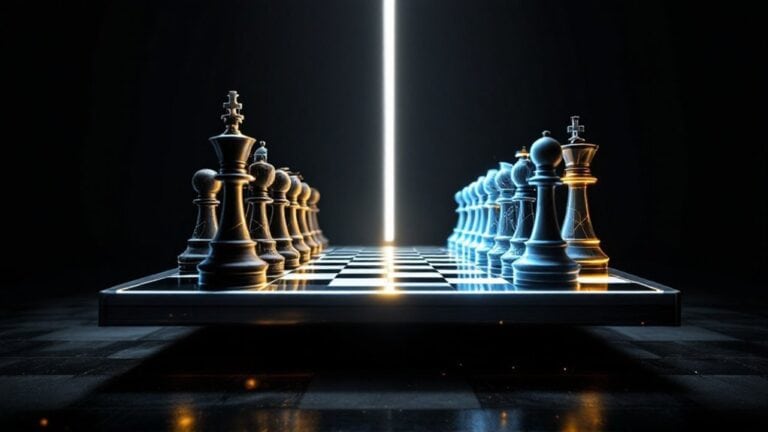 Futuristic chessboard with glowing black and white pieces under dramatic lighting.