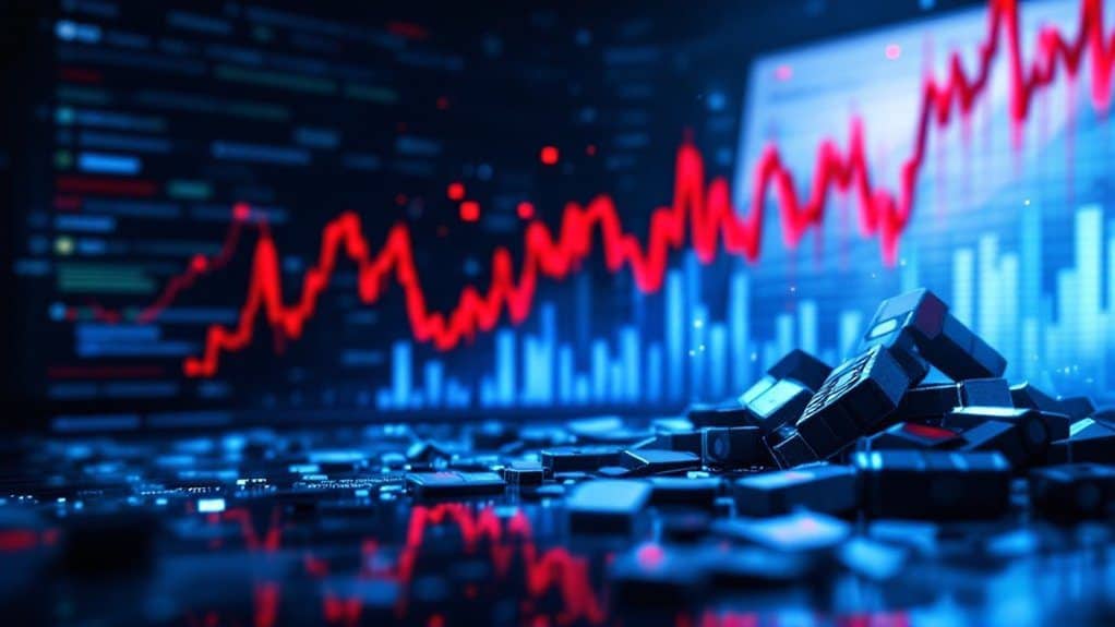 LinkRocket digital marketing analytics interface with stock market charts and bouncing electronic components.