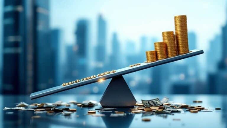 Coins stacked in ascending order on a seesaw balance with dollar bills surrounding, symbolizing financial growth and link marketing success.