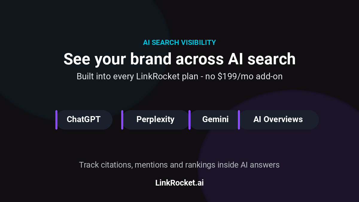 LinkRocket tracks brand visibility across AI search engines including ChatGPT, Perplexity, Gemini and Google AI Overviews, built into every plan