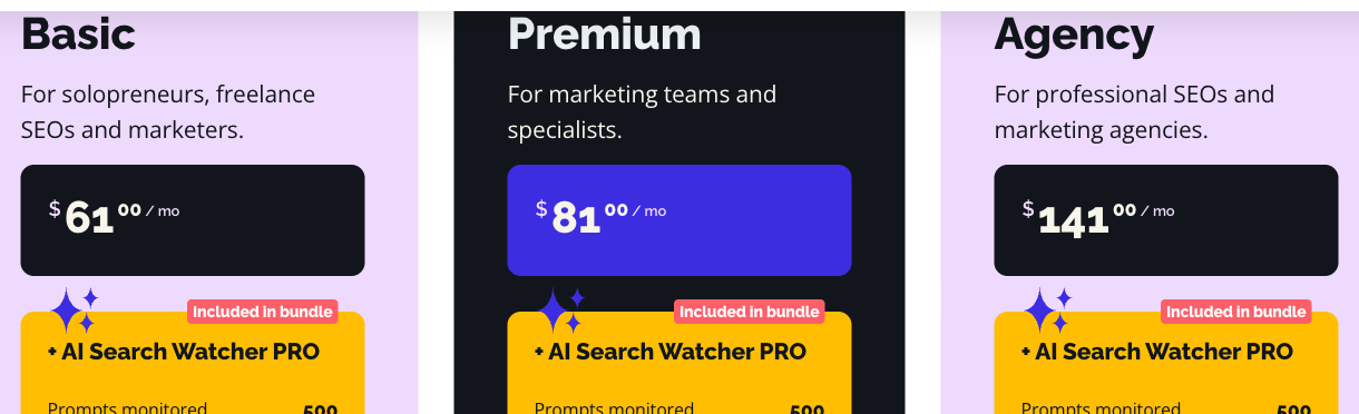 Mangools pricing plans: Basic $61, Premium $81 and Agency $141 per month, AI Search Watcher included