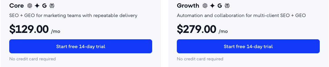 SE Ranking pricing plans: Core $129 and Growth $279 per month
