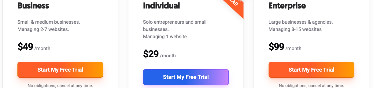 Ubersuggest pricing plans: Individual $29, Business $49 and Enterprise $99 per month, with AI features included